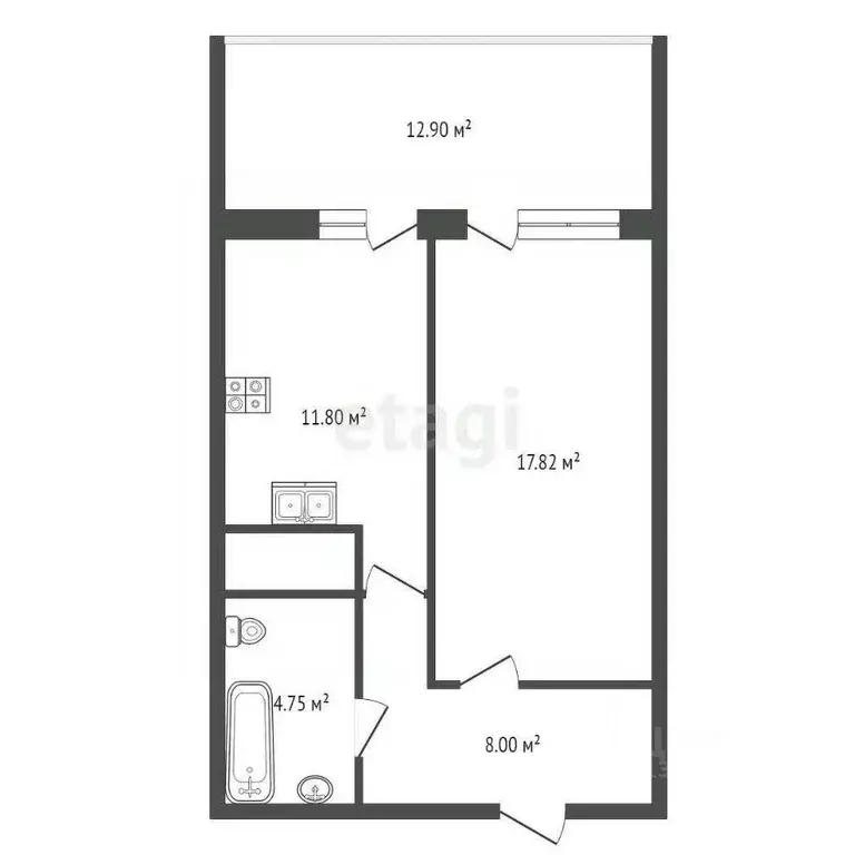 Квартира, 1 комната, 55.3 м - Фото 1