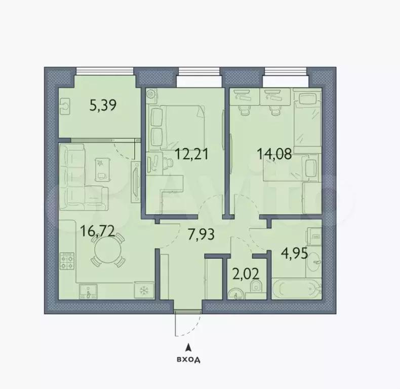 2-к. квартира, 63,3 м, 6/8 эт. - Фото 1