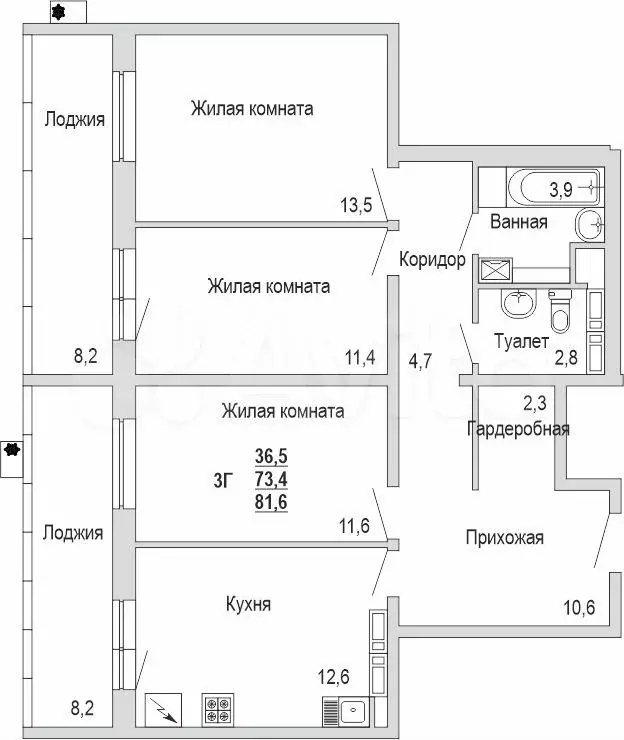 3-к. квартира, 81,6м, 6/18эт. - Фото 1