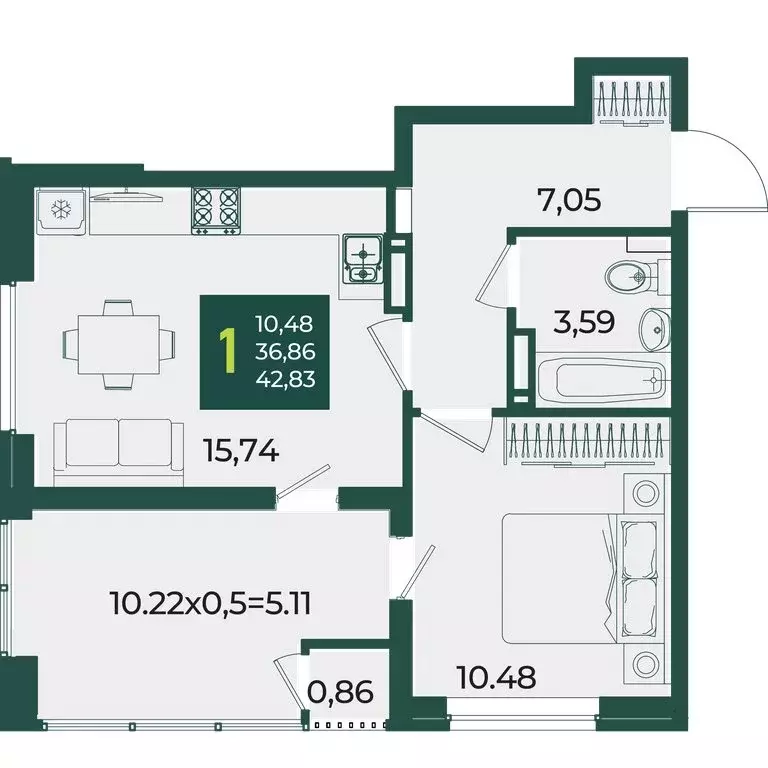 1-комнатная квартира: Краснодар, микрорайон Образцово (42.83 м) - Фото 1