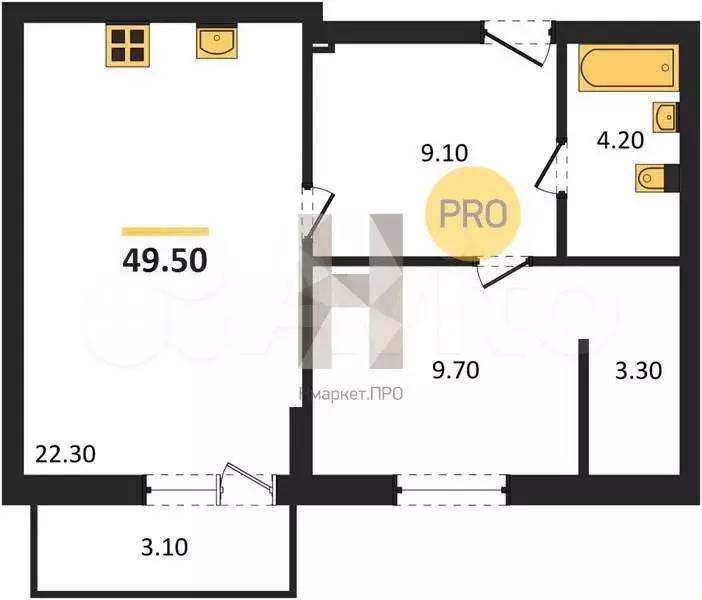 1-к. квартира, 49,5 м, 1/8 эт. - Фото 1