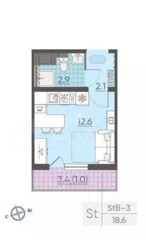 Студия Санкт-Петербург ул. Чарушинская, 22к1 (18.3 м) - Фото 1