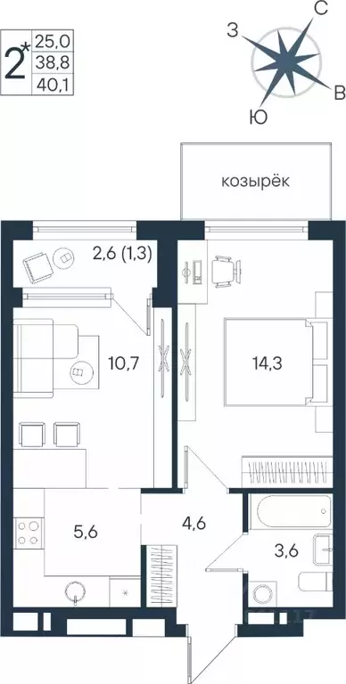 Студия Пермский край, Пермь ул. Космонавта Беляева, 17 (40.1 м) - Фото 1