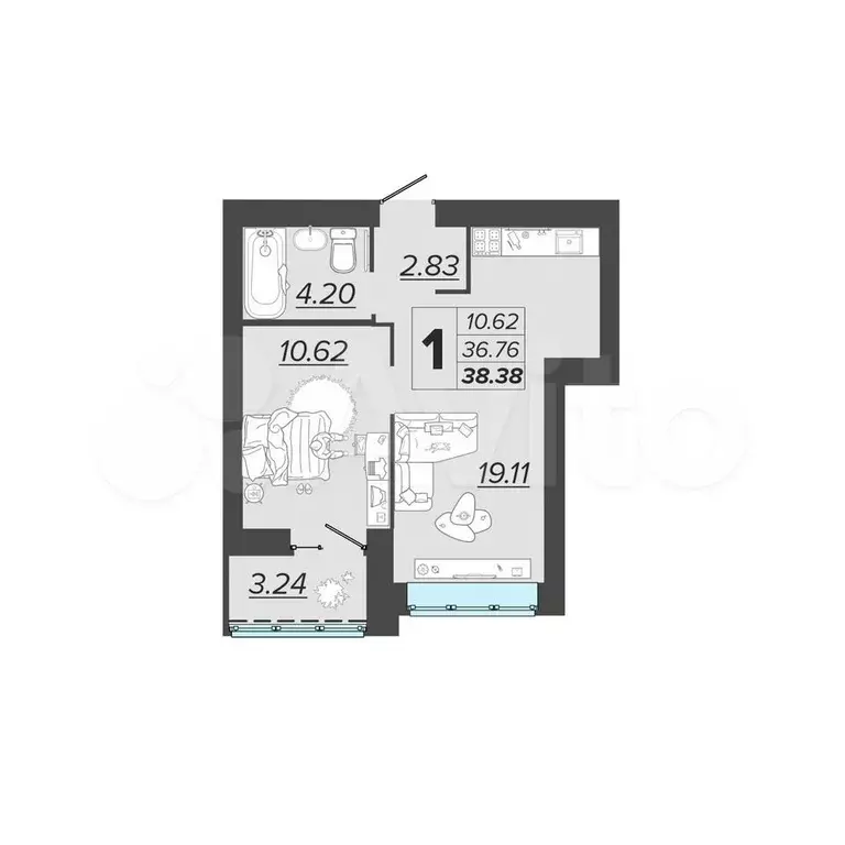 1-к. квартира, 38,4 м, 2/9 эт. - Фото 1