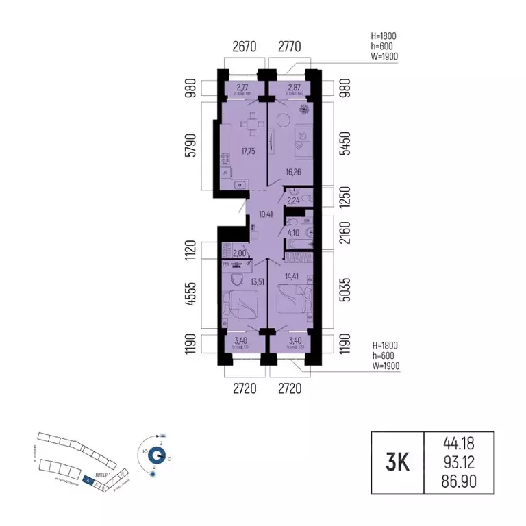 3-к кв. Башкортостан, Уфа Глумилино-1 мкр, Новатор жилой комплекс ... - Фото 1