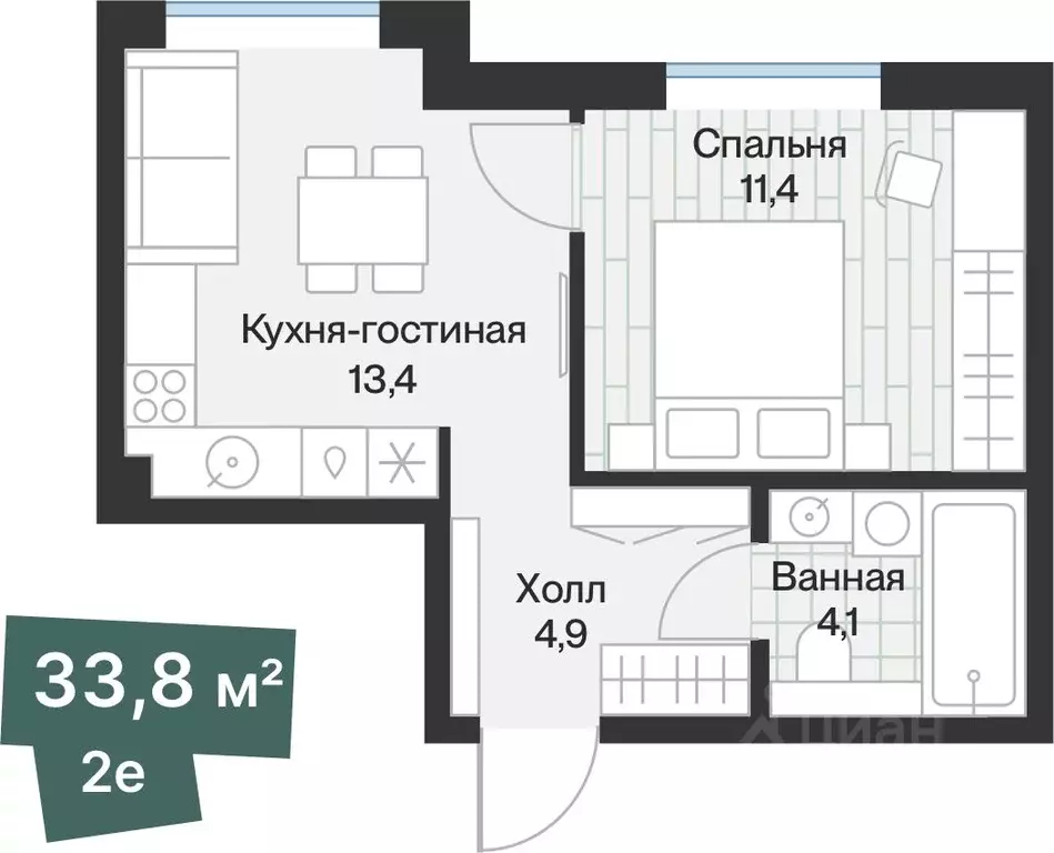 1-к кв. Тюменская область, Тюмень ул. Игоря Комиссарова, 14 (33.84 м) - Фото 0