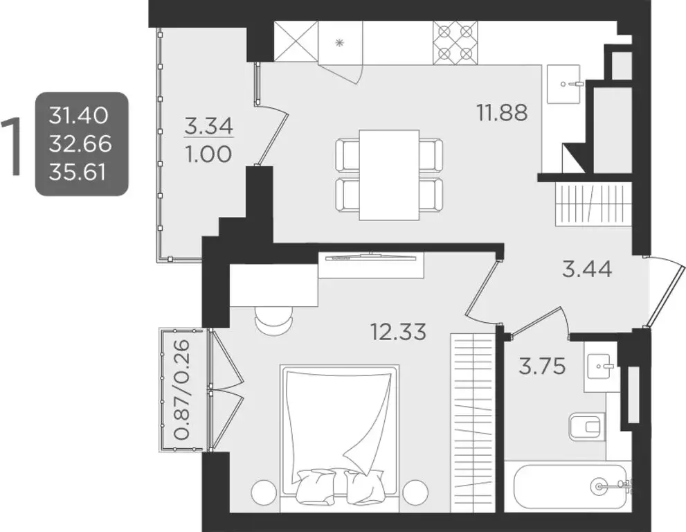 1-комнатная квартира: Калининград, улица Старшины Дадаева, 55к2 (32.66 ... - Фото 1