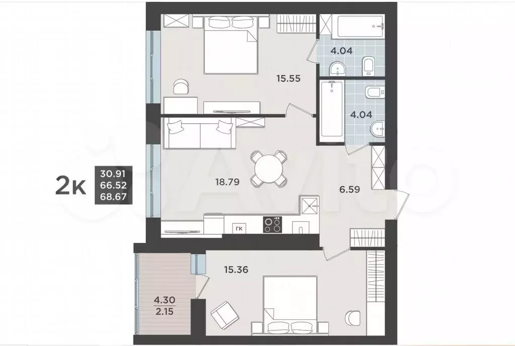 2-к. квартира, 66,5 м, 5/9 эт. - Фото 1