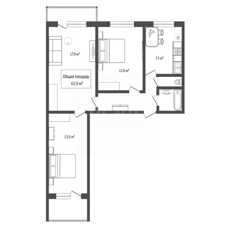 3-к кв. Новосибирская область, Новосибирск Широкая ул., 135 (61.0 м) - Фото 1