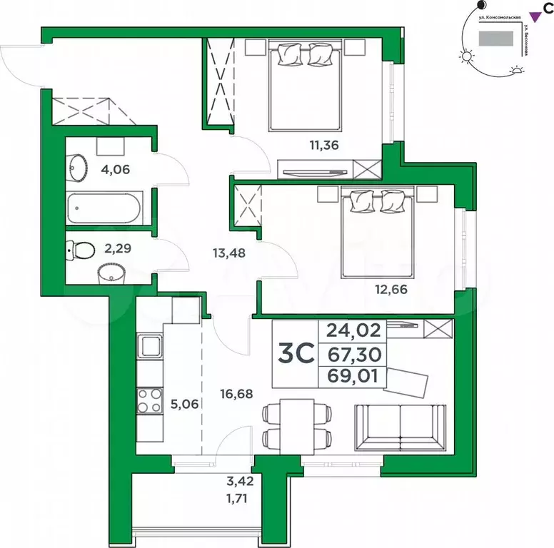 2-к. квартира, 60,5 м, 13/24 эт. - Фото 1