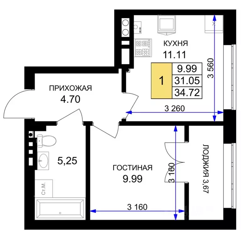 1-к кв. Калининградская область, Гурьевск Включи жилой комплекс (34.72 ... - Фото 0