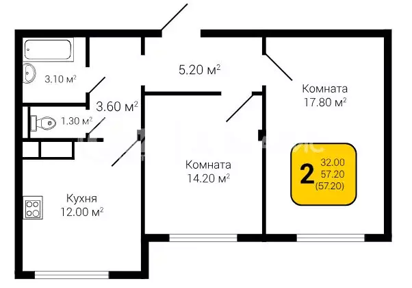 2-комнатная квартира: Воронеж, улица Шишкова, 140Б/23 (57.1 м) - Фото 0