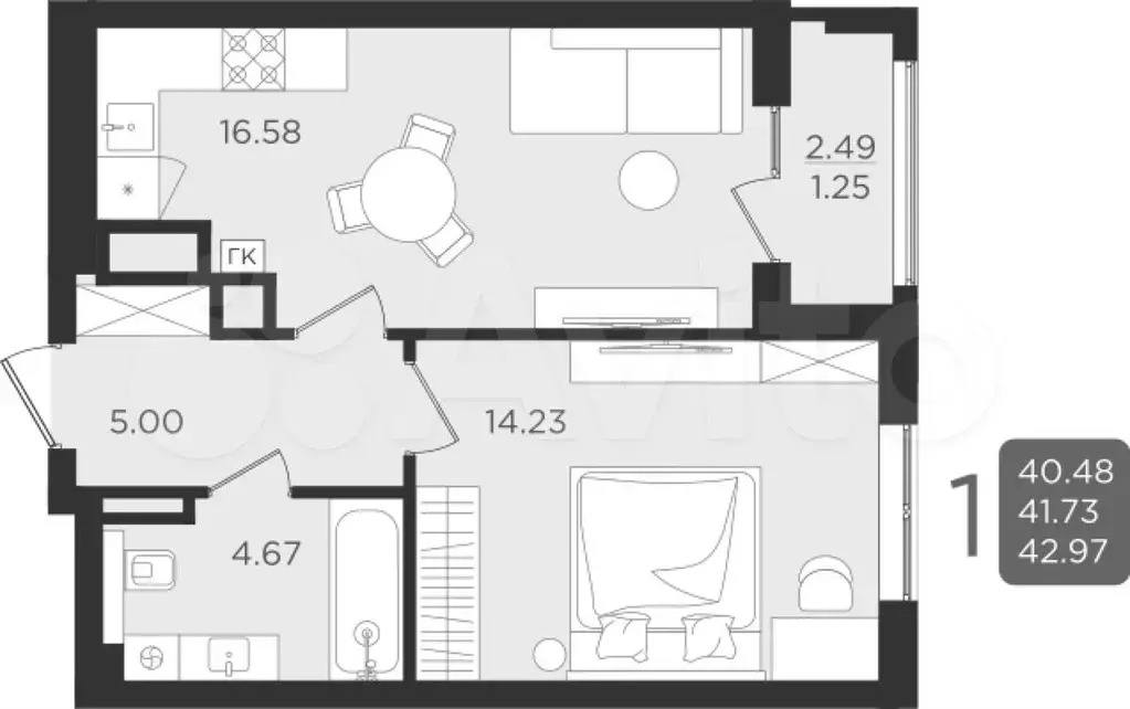 1-к. квартира, 41,7 м, 1/9 эт. - Фото 0