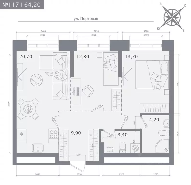 2-к кв. Татарстан, Казань 1712 жилой комплекс (64.2 м) - Фото 1