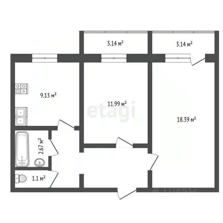 2-к кв. Архангельская область, Архангельск ул. Логинова, 53 (53.0 м) - Фото 1