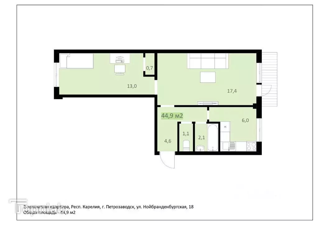 2-к кв. Карелия, Петрозаводск Нойбранденбургская ул., 18 (44.8 м) - Фото 1