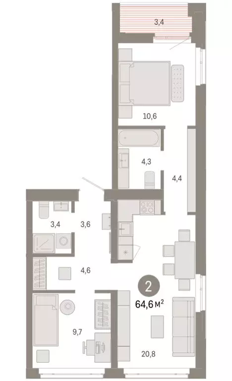 2-комнатная квартира: Тюмень, улица Республики, 205к3 (64.6 м) - Фото 2