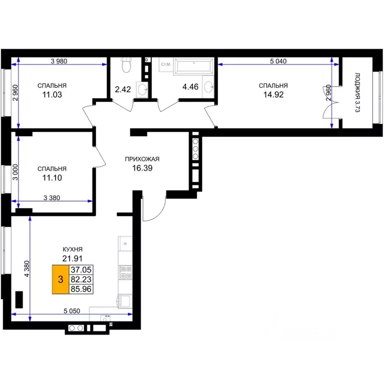 3-к кв. Калининградская область, Гурьевск Включи жилой комплекс (85.96 ... - Фото 1