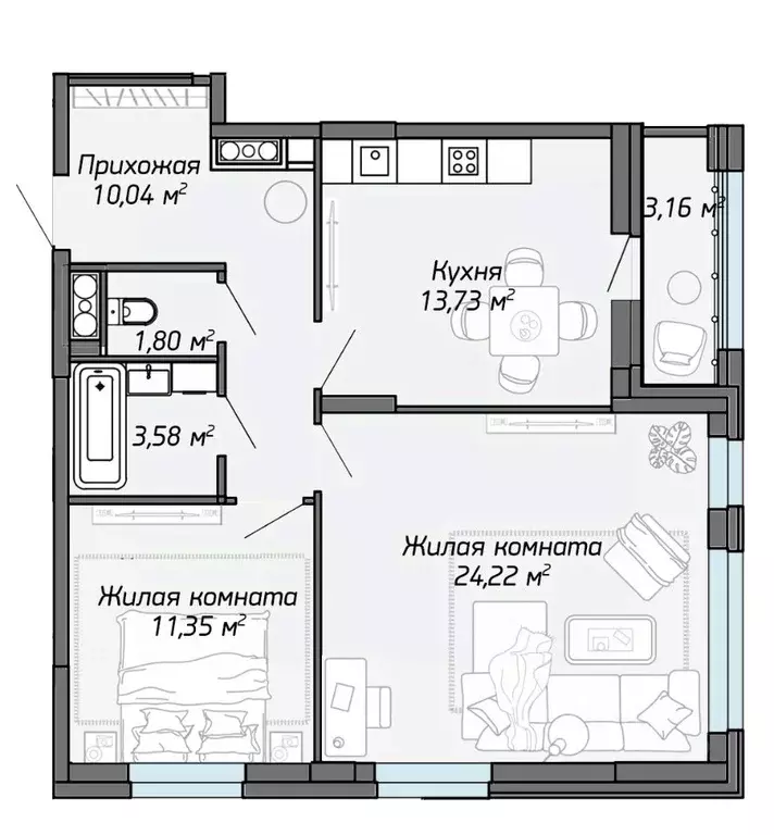 2-к кв. Марий Эл, Йошкар-Ола Два Капитана жилой комплекс (66.3 м) - Фото 1