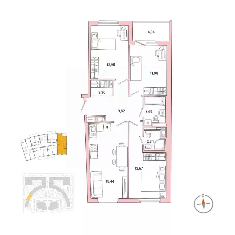 3-к кв. Санкт-Петербург наб. Реки Каменки, 11к1 (76.6 м) - Фото 0
