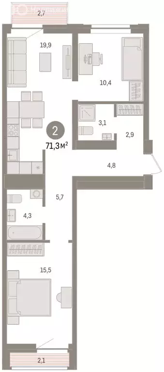 2-комнатная квартира: Тюмень, жилой комплекс Речной Порт (71.4 м) - Фото 2