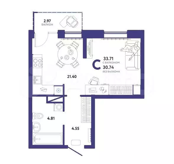 Квартира-студия, 33,7 м, 4/16 эт. - Фото 1