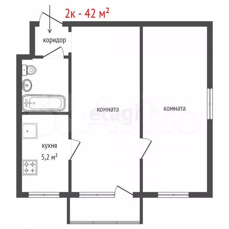 2-к. квартира, 42 м, 5/5 эт. - Фото 1