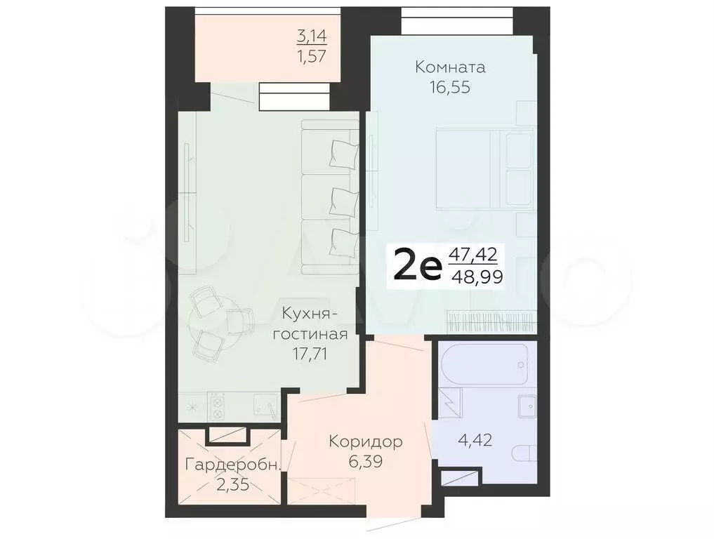 2-к. квартира, 49 м, 3/25 эт. - Фото 0