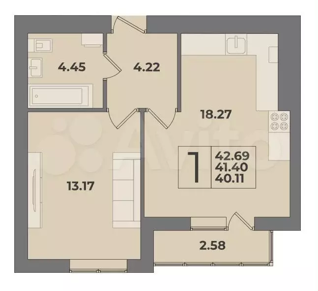 1-к. квартира, 41,4 м, 4/9 эт. - Фото 1