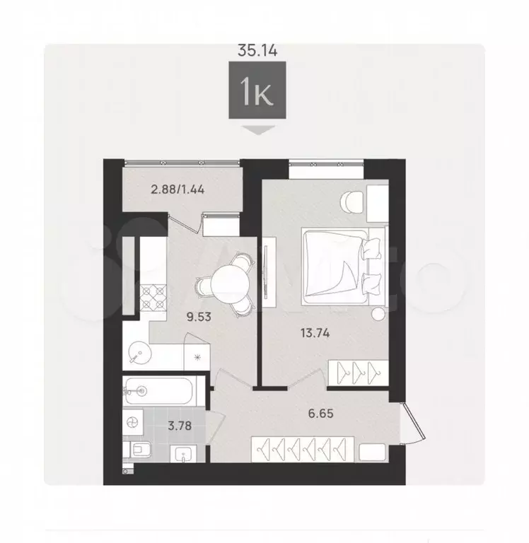 1-к. квартира, 35,1 м, 9/9 эт. - Фото 1