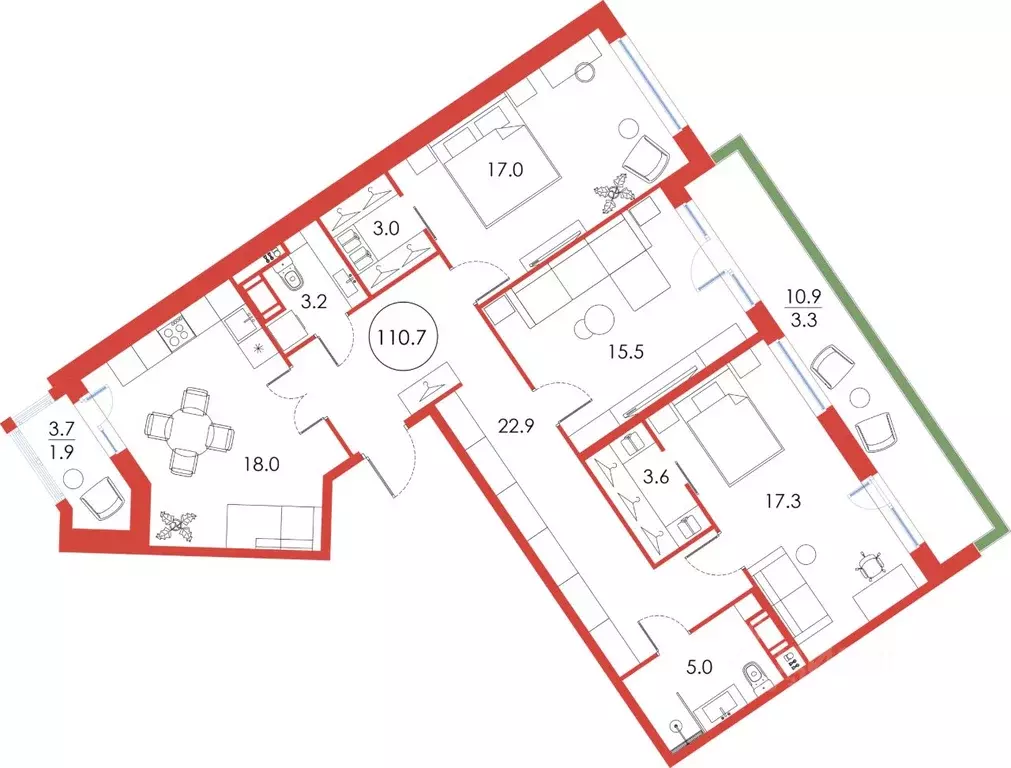 3-к кв. Санкт-Петербург ул. Плесецкая, 2 (110.7 м) - Фото 1