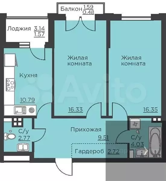 2-к. квартира, 64,6 м, 4/18 эт. - Фото 0