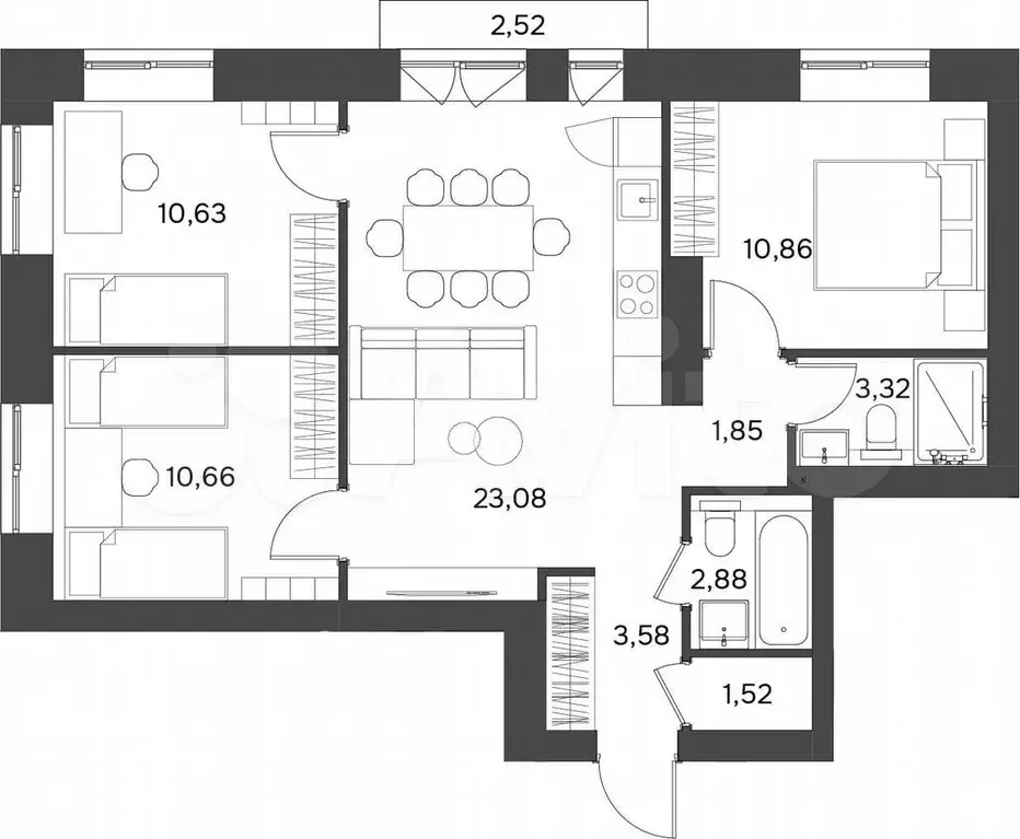 3-к. квартира, 69,1 м, 6/9 эт. - Фото 0