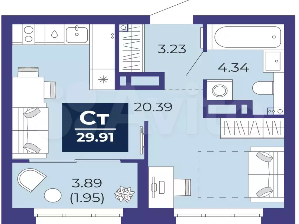 Квартира-студия, 29,9 м, 4/14 эт. - Фото 1