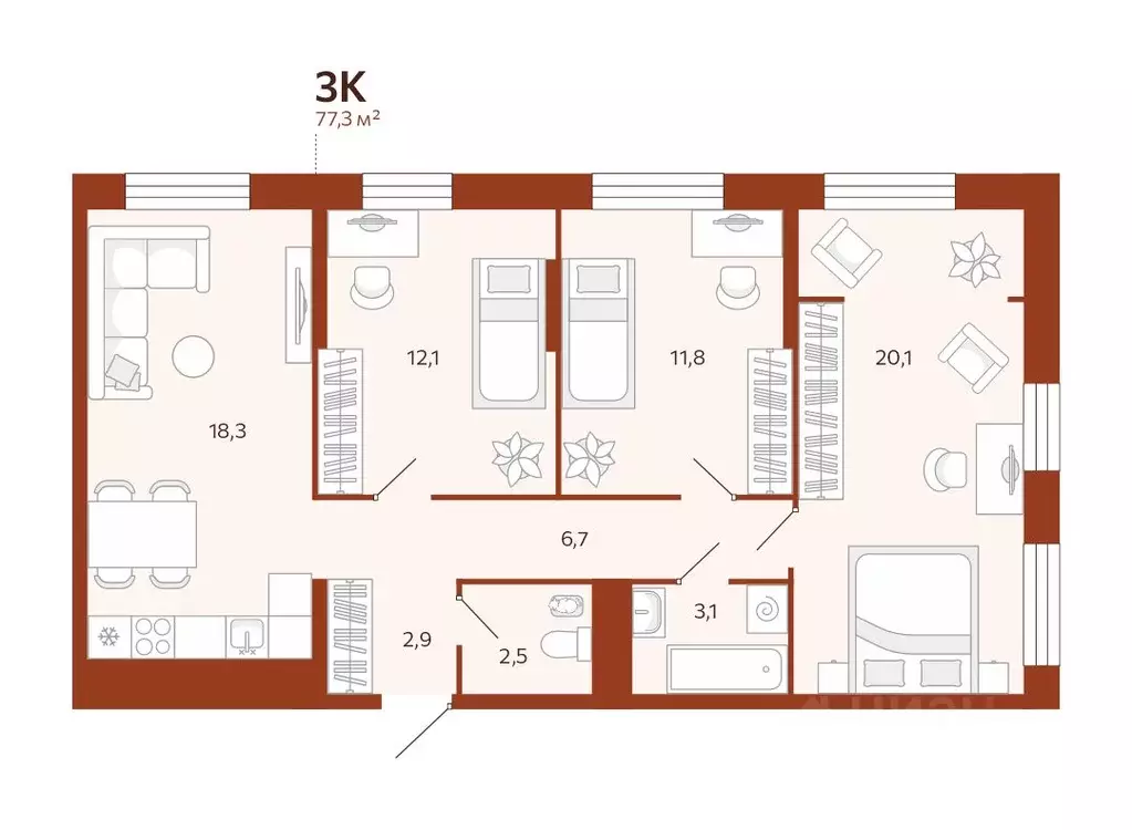 3-к кв. Тюменская область, Тюмень ул. Новаторов, 28 (77.34 м) - Фото 0