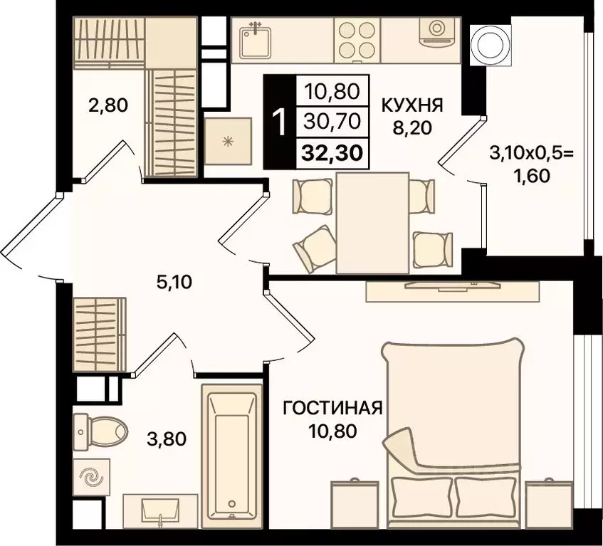 1-к кв. Ростовская область, Ростов-на-Дону просп. Шолохова (32.3 м) - Фото 1