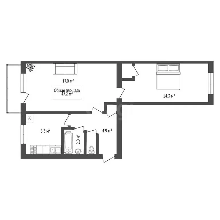 2-комнатная квартира: Новосибирск, Южная улица, 40/3 (47.2 м) - Фото 1