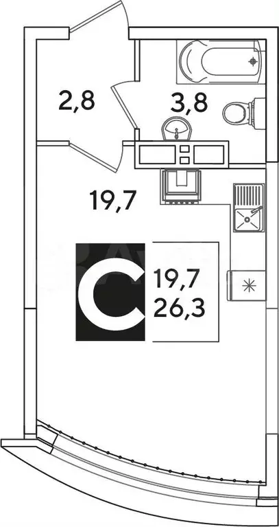 квартира-студия, 26,3 м, 10/16 эт. - Фото 0