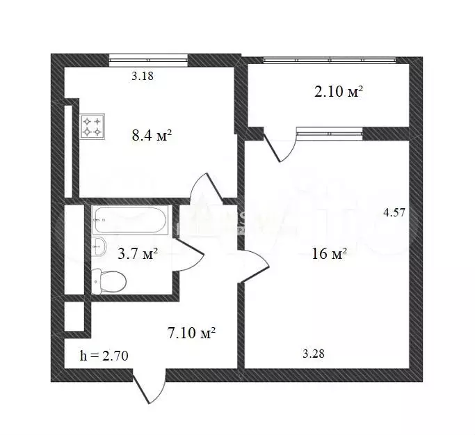 1-к. квартира, 35,1 м, 8/9 эт. - Фото 0