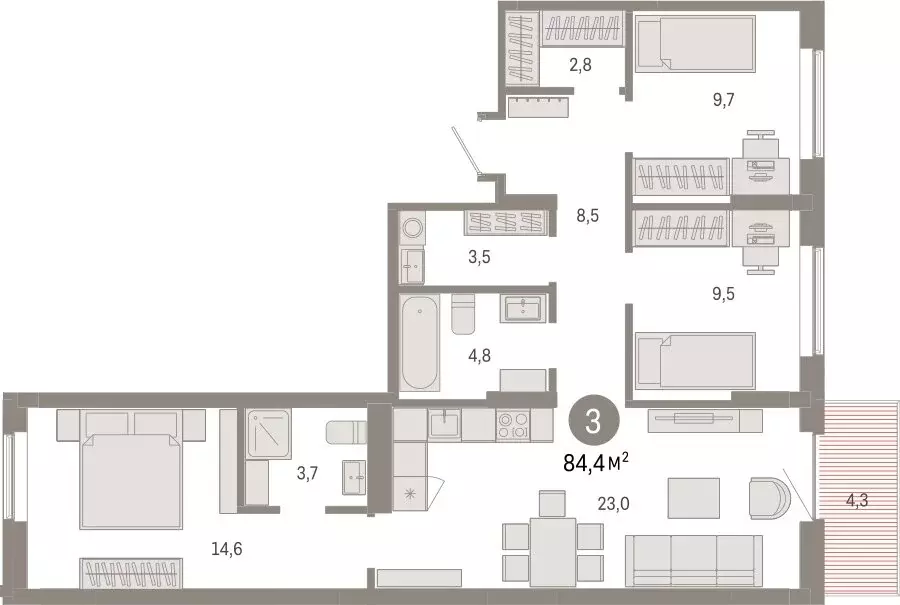 3-комнатная квартира: Омск, Кировский округ (84.38 м) - Фото 1