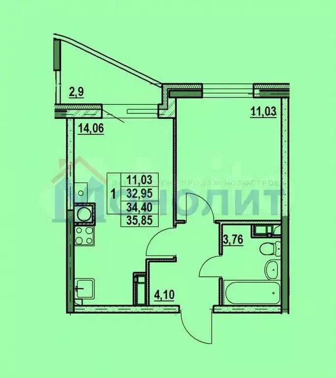 1-к. квартира, 35,9м, 4/10эт. - Фото 0