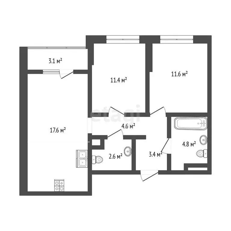 2-комнатная квартира: Тюмень, улица Евгения Войнова, 3к2 (59.1 м) - Фото 1