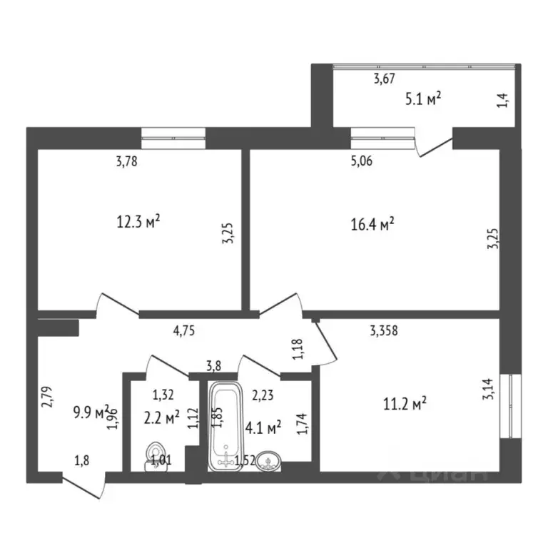 2-к кв. Тюменская область, Тюмень Профсоюзная ул., 55 (57.6 м) - Фото 2