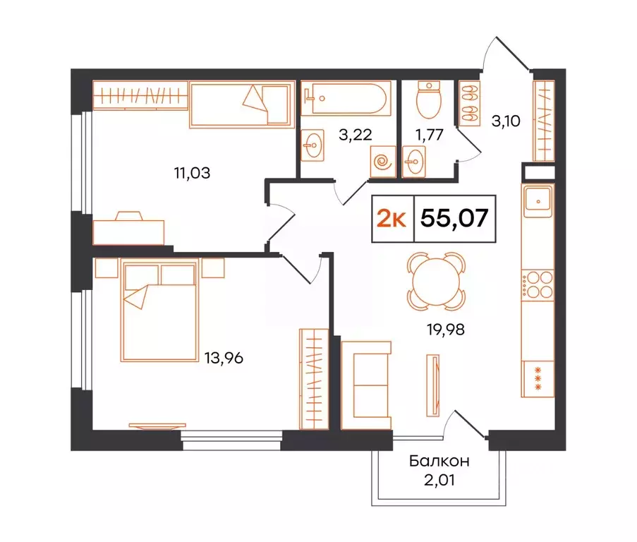 2-к кв. Тюменская область, Тюмень Полевая ул., 117к13 (55.07 м) - Фото 1