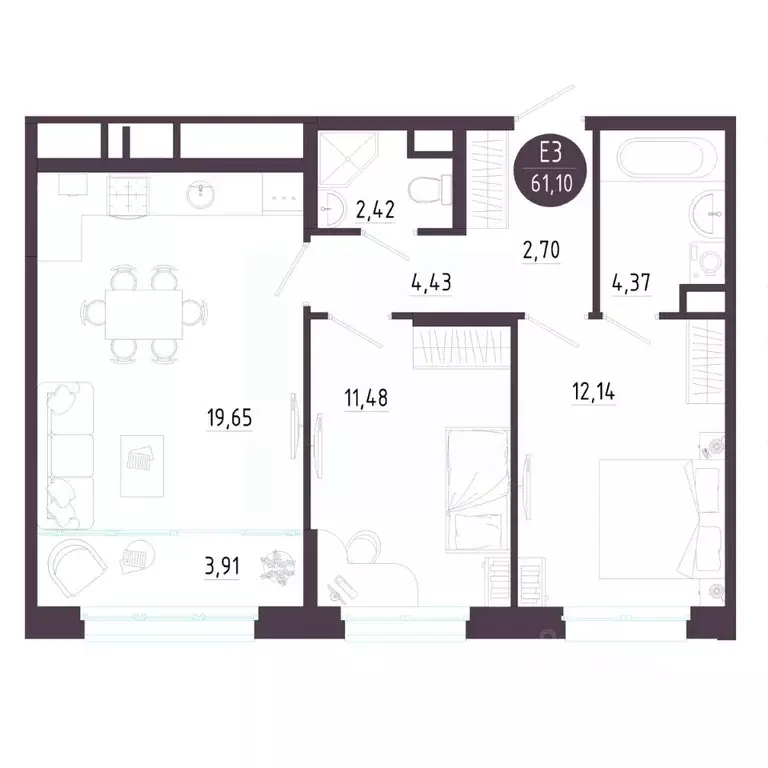 2-к кв. Тульская область, Тула ул. Пряничная, 6 (61.1 м) - Фото 0