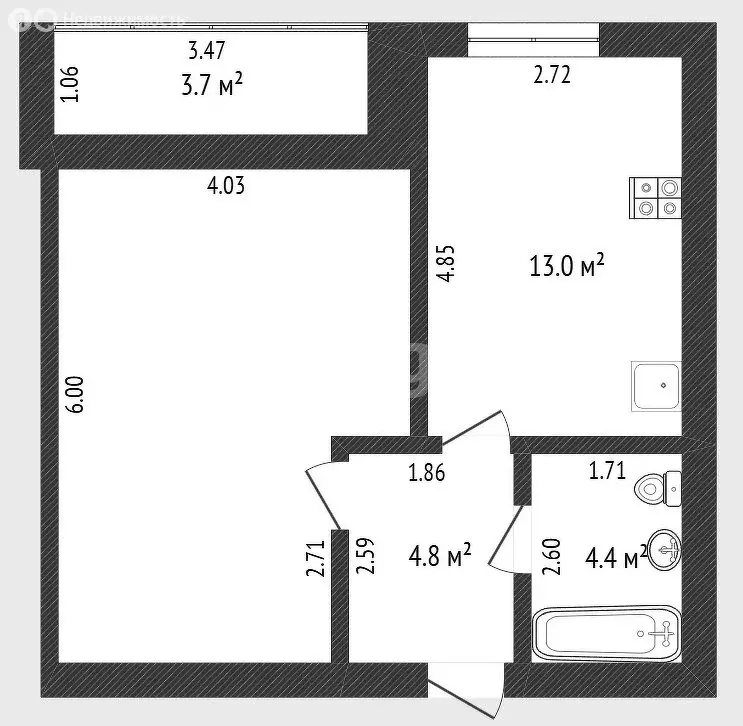 1-комнатная квартира: Тюмень, Линейная улица, 17 (44 м) - Фото 1