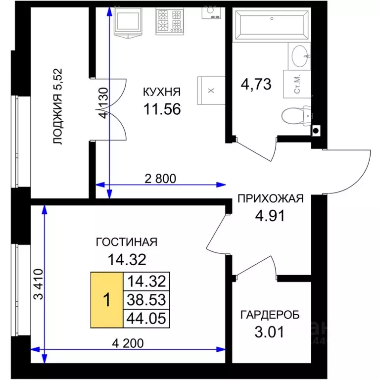 1-к кв. Калининградская область, Гурьевск Включи жилой комплекс (44.05 ... - Фото 0