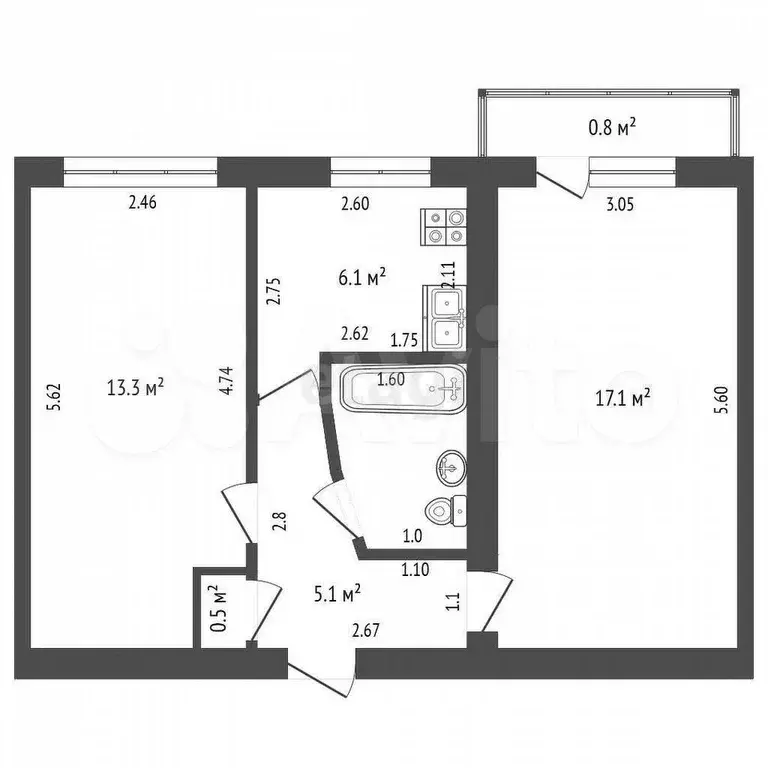 2-к. квартира, 45 м, 5/5 эт. - Фото 0