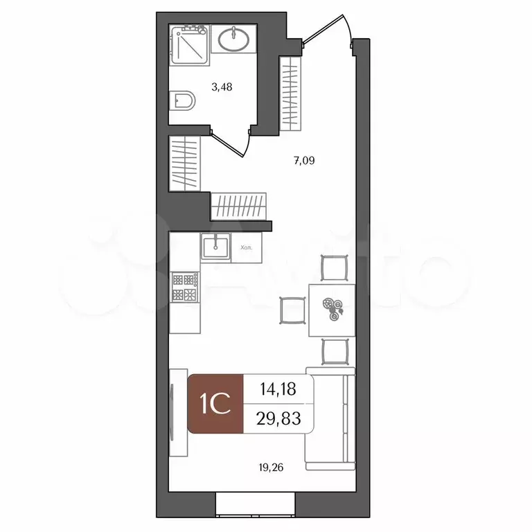 Квартира-студия, 30 м, 2/21 эт. - Фото 1