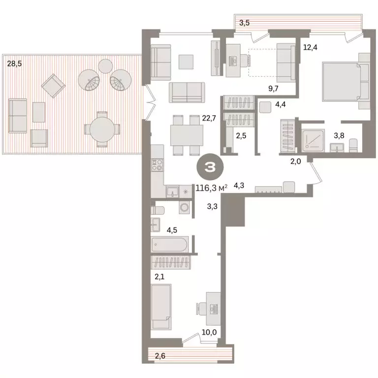 3-комнатная квартира: Екатеринбург, улица Академика Ландау, 7 (116.3 ... - Фото 1